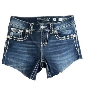 Miss Me Cut Off Jean Shorts Womens 26 Blue Dark‎ Wash Mid Rise Curvy Embellished